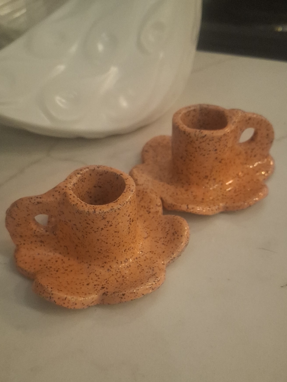Handmade Speckled Tangerine Ceramic Flower-Shaped Candle Holders - Set of 2